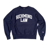 Navy blue sweatshirt with 'Richmond Law' text on a white background