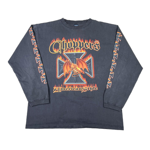 Gray long-sleeve shirt with 'Choppers American Style' graphic design on a white background