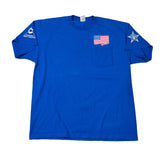 Blue t-shirt with logos on a white background