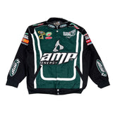Green and black jacket with various sponsor logos on a white background