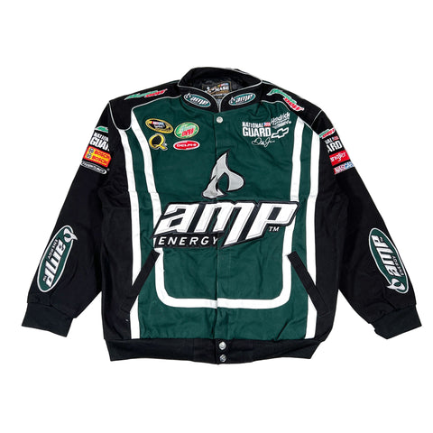Green and black jacket with various sponsor logos on a white background