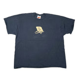 A vintage dark navy blue short-sleeve t-shirt with a gold graphic logo on the chest, laid flat on a white background.