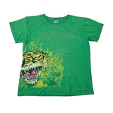 A green short-sleeve t-shirt with a distressed graphic of a roaring tiger on the front, laid flat on a white background.