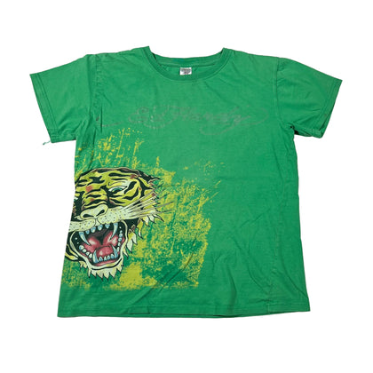 A green short-sleeve t-shirt with a distressed graphic of a roaring tiger on the front, laid flat on a white background.