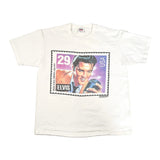 White t-shirt with Elvis Presley graphic and postage stamp design on a white background