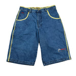 Blue denim shorts with yellow accents on a white background