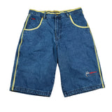Blue denim shorts with yellow accents on a white background