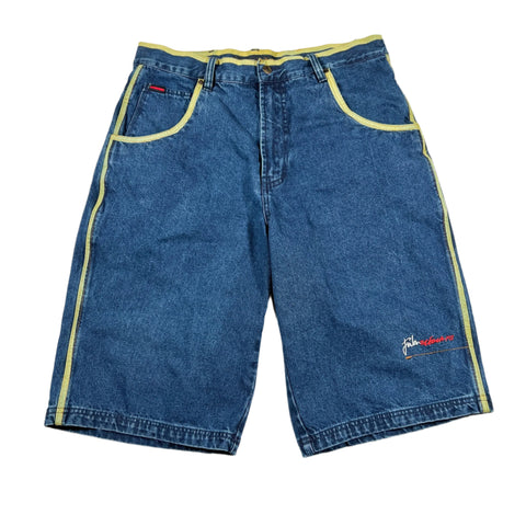 Blue denim shorts with yellow accents on a white background