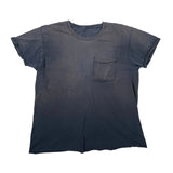 A dark gray sleeveless t-shirt top with a small chest pocket, laid flat on a white fabric background.