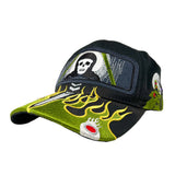 Black and green cap with skull and flames design on a white background