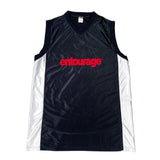Black sleeveless sports jersey with red 'entourage' logo on a white background