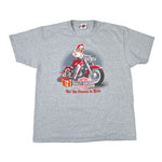 Gray t-shirt with a graphic of a woman on a motorcycle and Harley-Davidson logo.