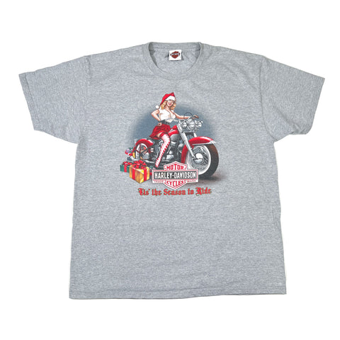 Gray t-shirt with a graphic of a woman on a motorcycle and Harley-Davidson logo.