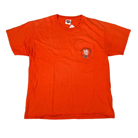 Orange t-shirt with a logo on a white background