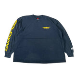 Navy long-sleeve shirt with yellow text and logo on a white background