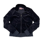 Black jacket with a brand label on a white background