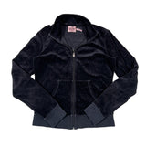 Black jacket with a brand label on a white background