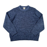 A navy blue marled knit crewneck sweater laid flat on a white background.
