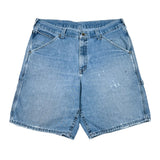 Blue denim shorts on a white background