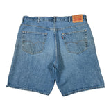 Blue denim shorts with Levi's branding on a white background