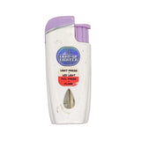 A vintage Light-Up Lighters pocket lighter with a white body, purple flip-top lid, and a blue circular logo, shown on a textured white background.