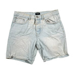 Light blue denim shorts on a white background