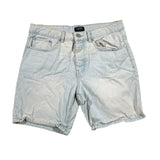 Light blue denim shorts on a white background
