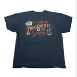 A dark navy blue short-sleeve t-shirt laid flat on a white fabric background, featuring a vintage-style graphic on the front with the text 'Long Branch Saloon' and 'Roberto's' in stylized lettering.