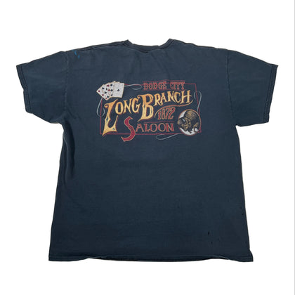 A dark navy blue short-sleeve t-shirt laid flat on a white fabric background, featuring a vintage-style graphic on the front with the text 'Long Branch Saloon' and 'Roberto's' in stylized lettering.