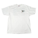 White t-shirt with a logo on a white background