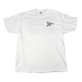 White t-shirt with a logo on a white background