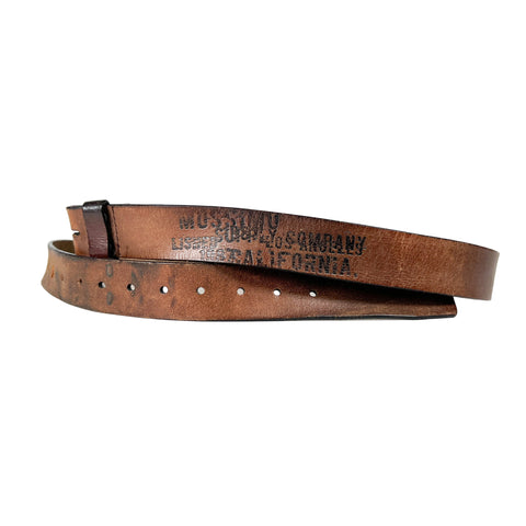 Brown leather belt with embossed text on a white background