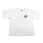 White t-shirt with a red logo on a light gray background