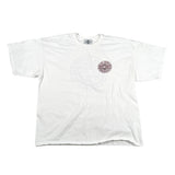 White t-shirt with a red logo on a light gray background