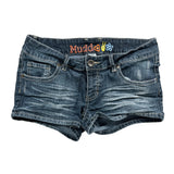 Blue denim shorts with 'Mudd' brand logo on a white background