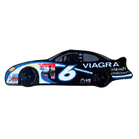 Racing car-shaped mat with Viagra branding on a wooden floor