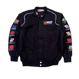 Black racing suit with number and brand logos on a white background