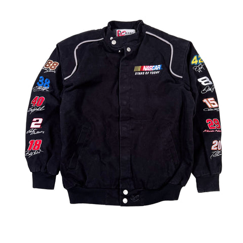 Black racing suit with number and brand logos on a white background