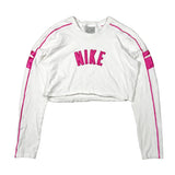 White long-sleeve Nike top with pink accents on a white background