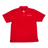 Red polo shirt with a logo on a white background