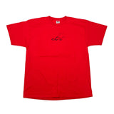 A bright red short-sleeve t-shirt with a small black graphic logo on the center chest, laid flat on a white surface.