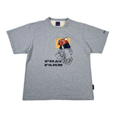 A heather gray short-sleeve t-shirt featuring a graphic of a cartoon bull wearing a suit and sunglasses, with the text 'PHAT FARM' printed below in black.