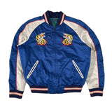 Blue jacket with tiger designs on a white background