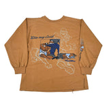 Brown long-sleeve shirt with graphic design on a white background