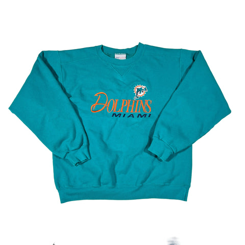 Teal sweatshirt with 'Dolphins Miami' text and logo on a white background