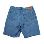 Blue denim shorts on a white background