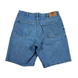 Blue denim shorts on a white background
