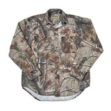 A long-sleeve button-up shirt with a woodland camouflage pattern featuring brown, beige, and gray tones, laid flat on a white background.