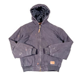 Dark gray work jacket with visible wear on a white background