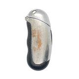 A vintage-style metal lighter with a silver body, orange rust-like markings, and a black rubberized grip, shown on a white textured background.